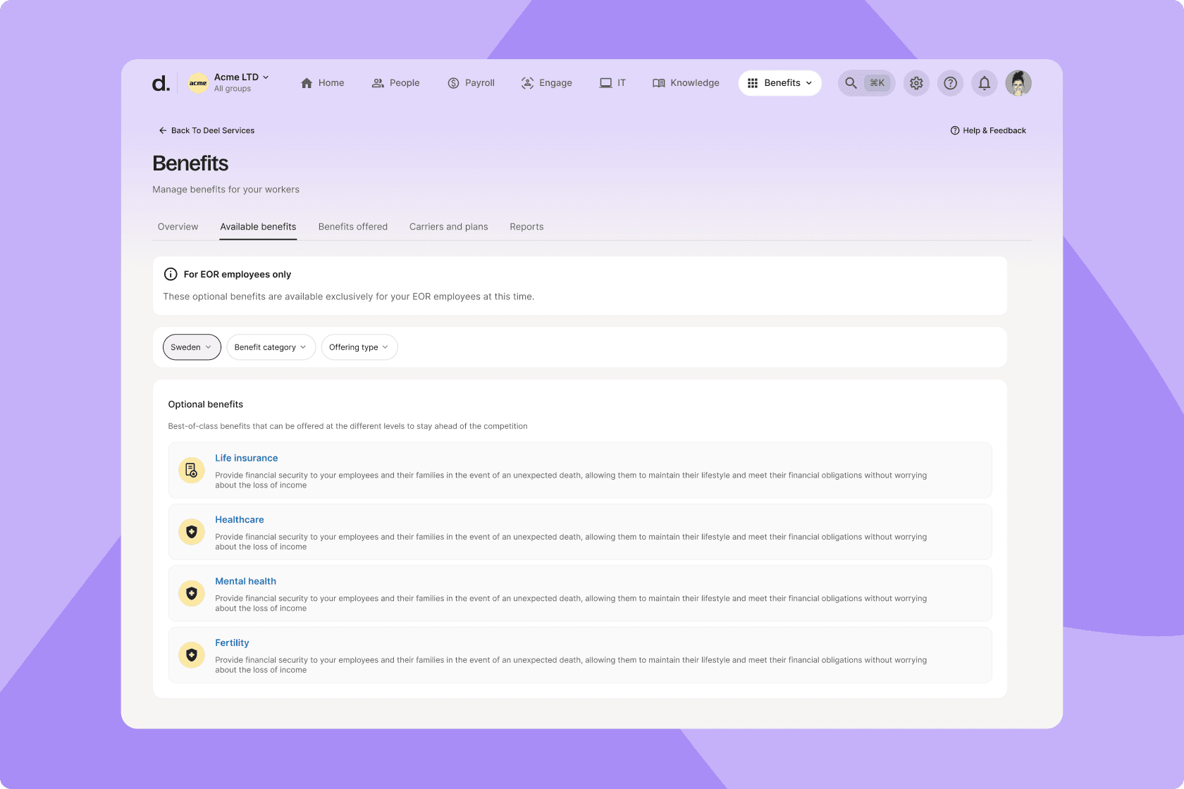 Deel Benefits Admin: Benefits options for EOR workers