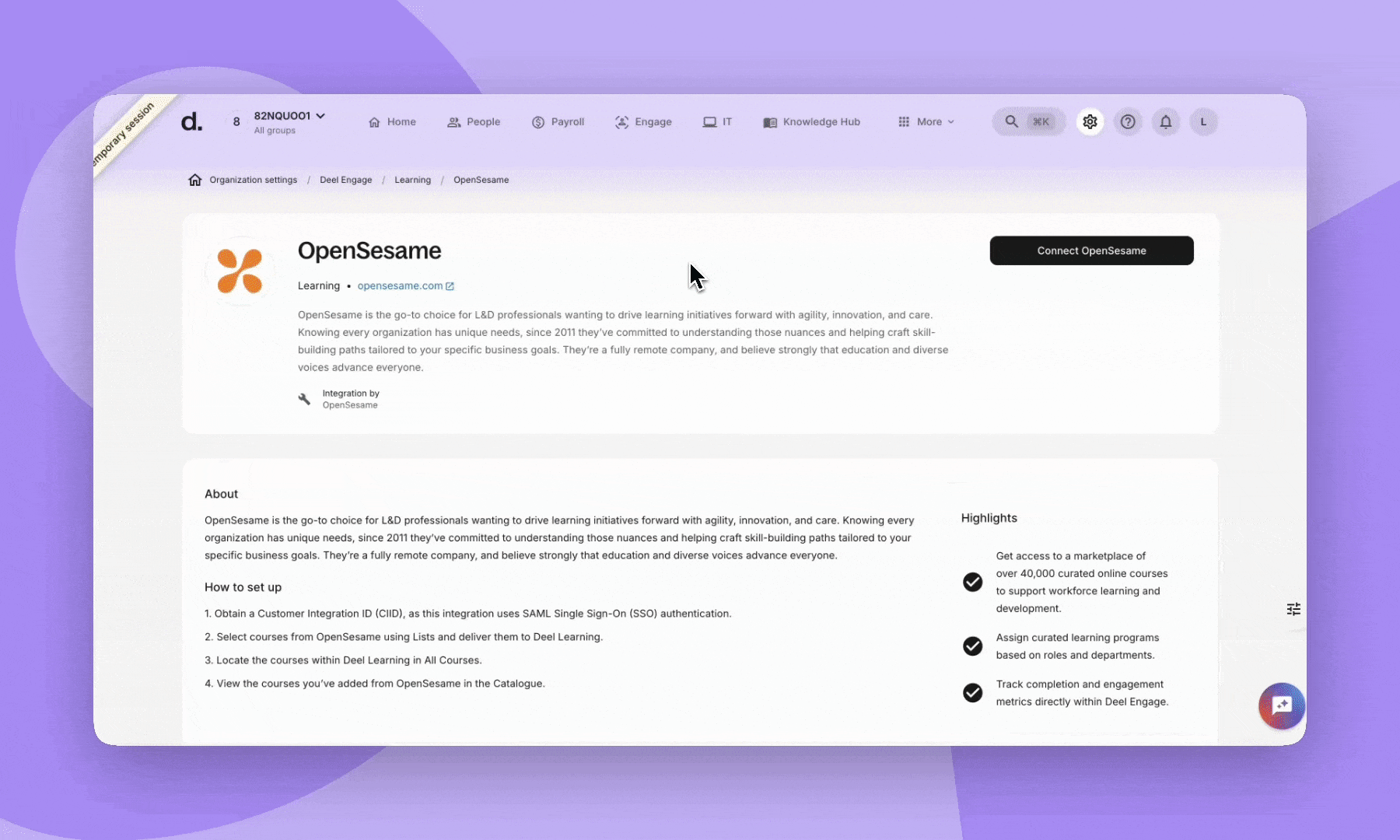 Deel platform view of the OpenSesame integration