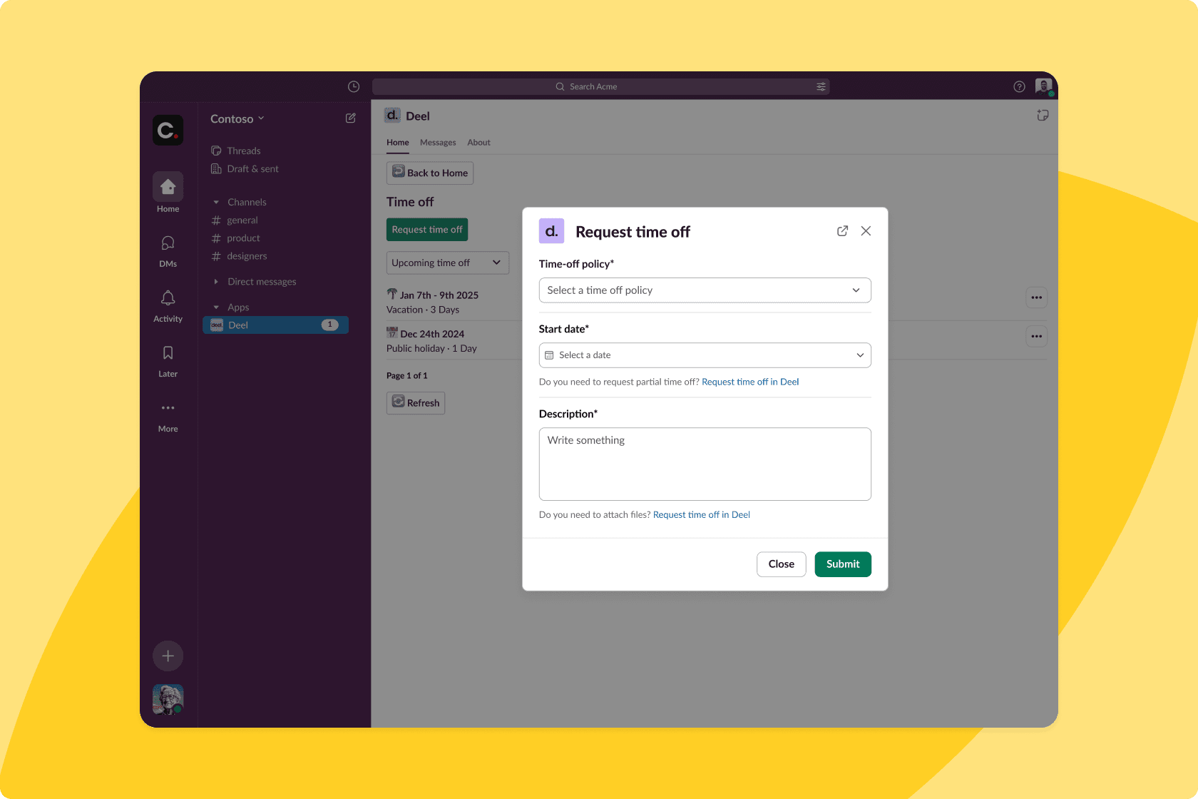 Deel Plugin product shot- request time off in Slack