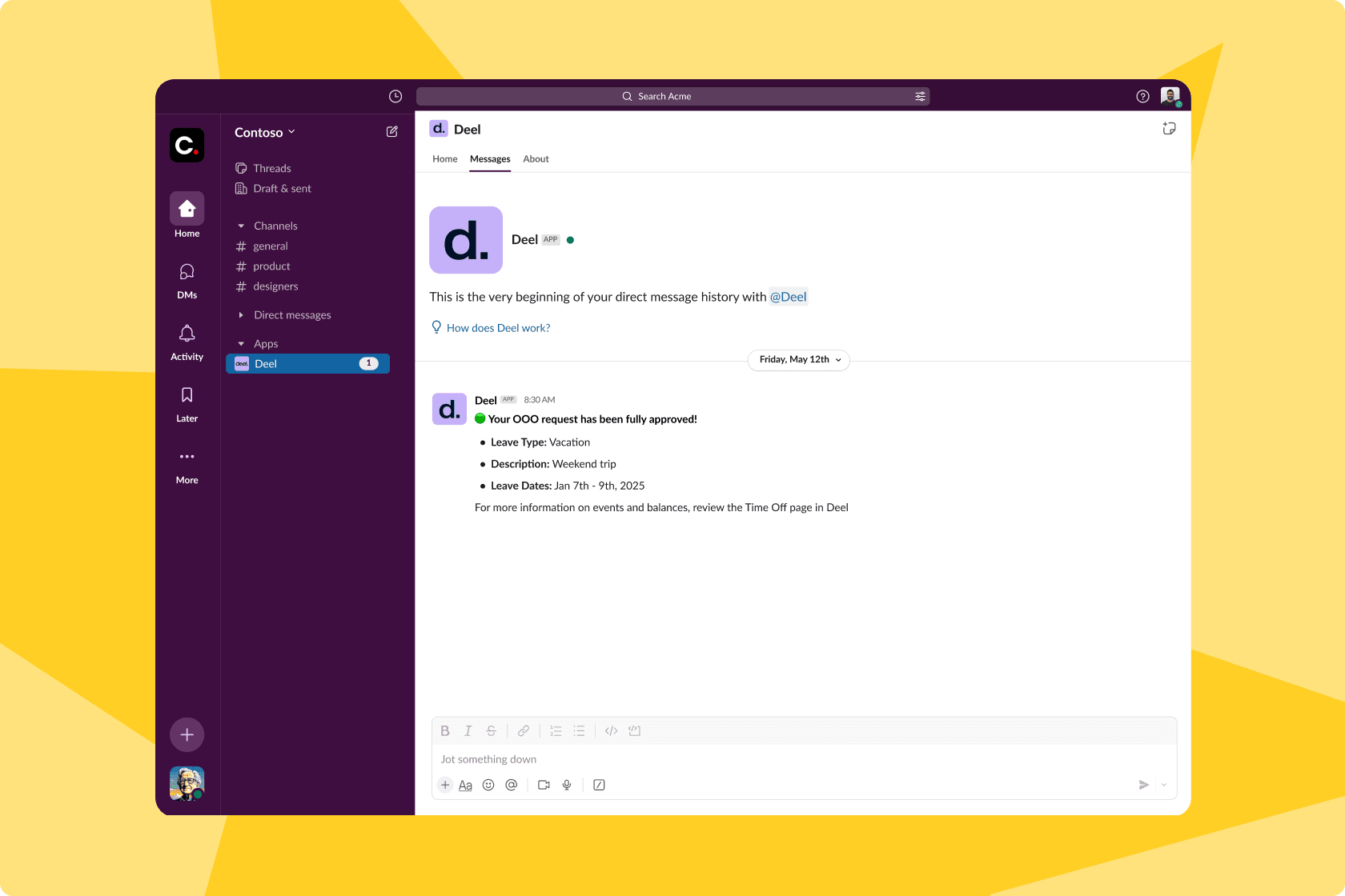 Deel Plugin product shot - review time off approvals in Slack