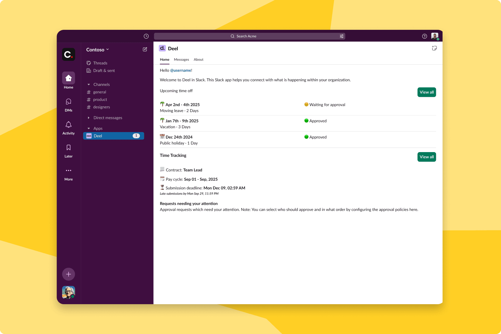 Deel Plugin product shot - review time off history in Slack