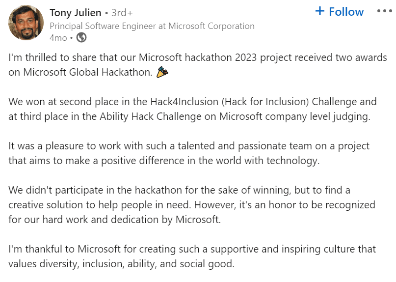Microsoft employee announced hackathon win on LinkedIn