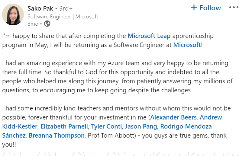Linkedinpost from Leap apprentice joined Microsoft as a full-time engineer