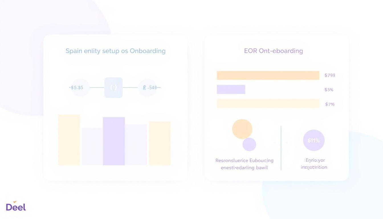 Infographic comparing Spain entity setup vs EOR onboarding: timeline bars, cost estimate, employer contributions, minimalist charts, professional style aligned with Deel branding