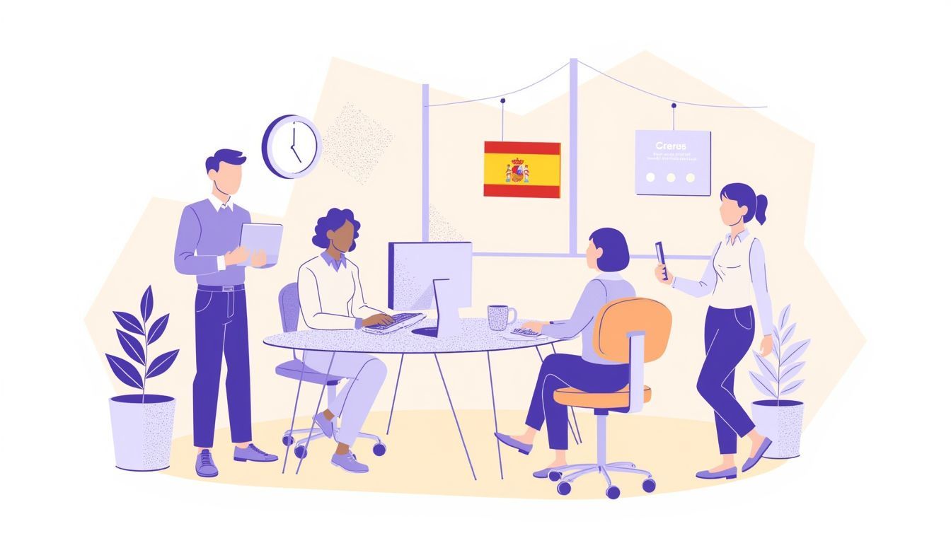 Business team onboarding a new employee in a modern Madrid office setting, subtle Spanish flag colors, compliance and payroll theme, diverse professionals collaborating, clean flat illustration with D...