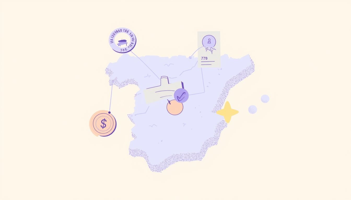 Checklist of EOR responsibilities in Spain: employment contract, payroll tax filings, social security, benefits, GDPR data protection, IP assignment, icons over a map of Spain, modern flat vector