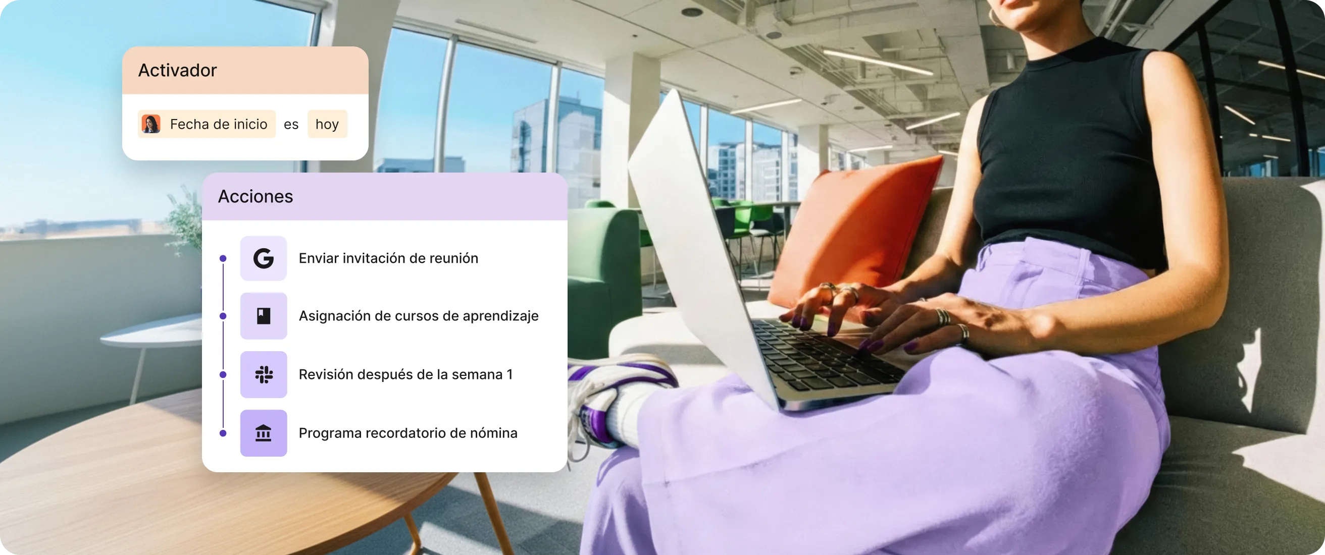 Mujer sentada en aeropuerto con laptop y un gráfico de como la inteligencia artificial ayuda a toda la gestión de contratación y nómina