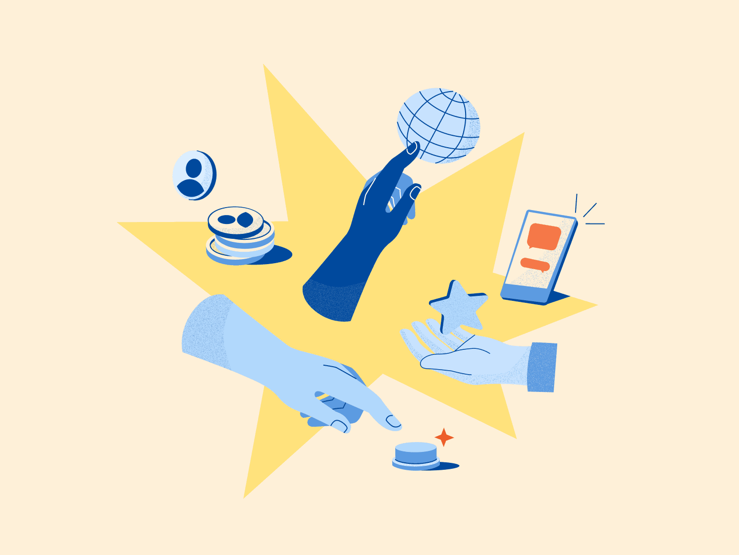 blog hero illustration hands pressing buttons phone