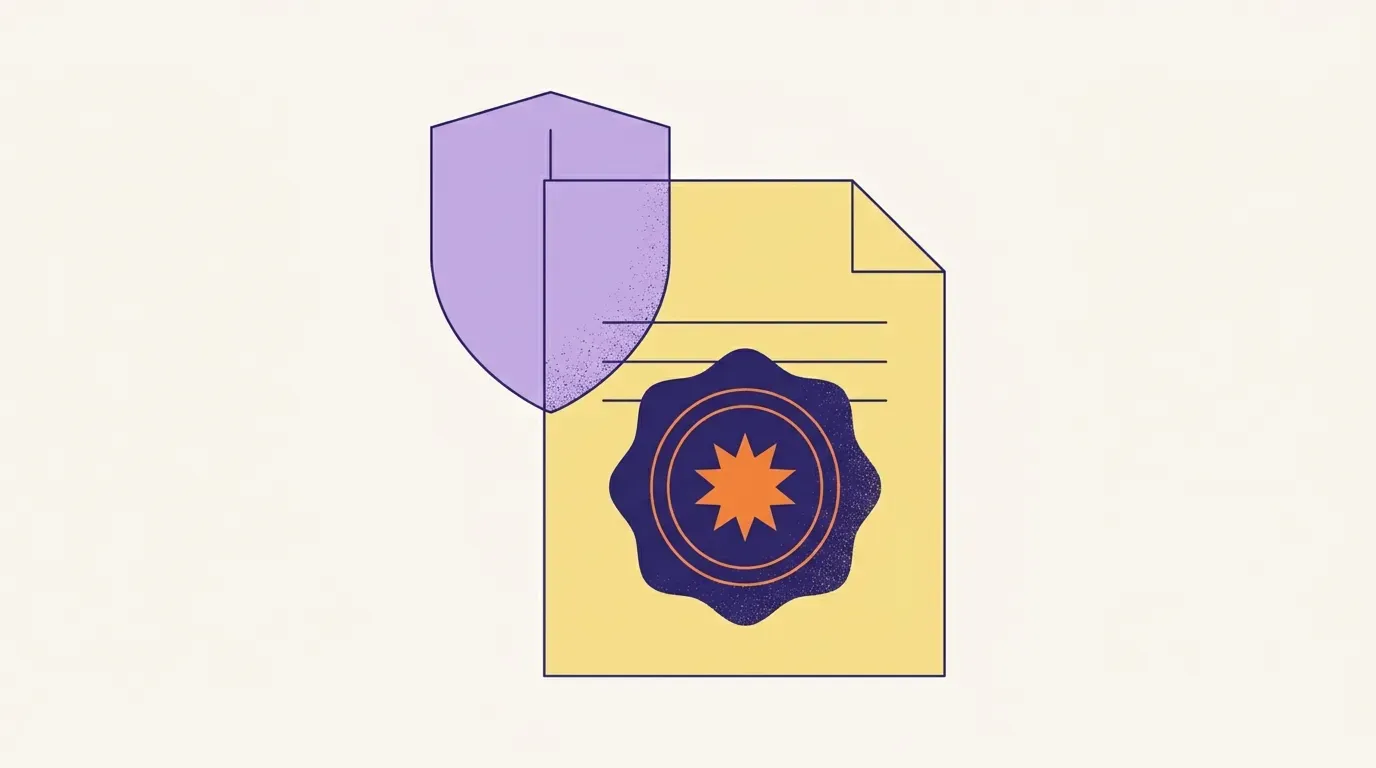 Editorial illustration of a compliance document with an approval stamp overlaid on a shield, representing contractor classification compliance review