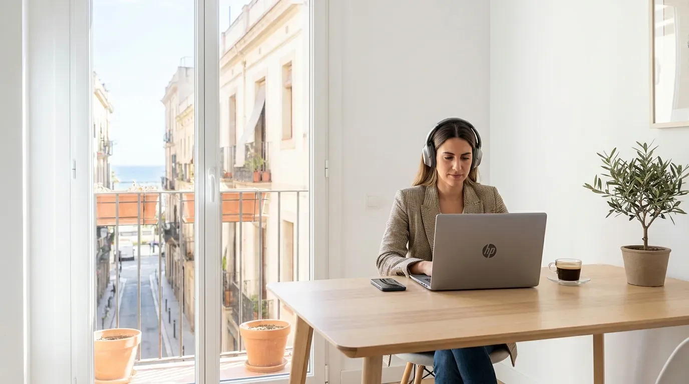 Remote worker in Spain using a Deel IT-provisioned laptop at a home office with Mediterranean architecture in the background