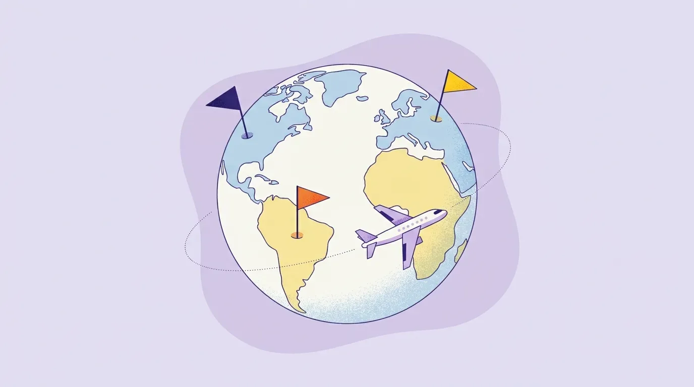 Flat vector illustration of a globe with location pins and an orbiting airplane, representing global employee benefits management across multiple countries