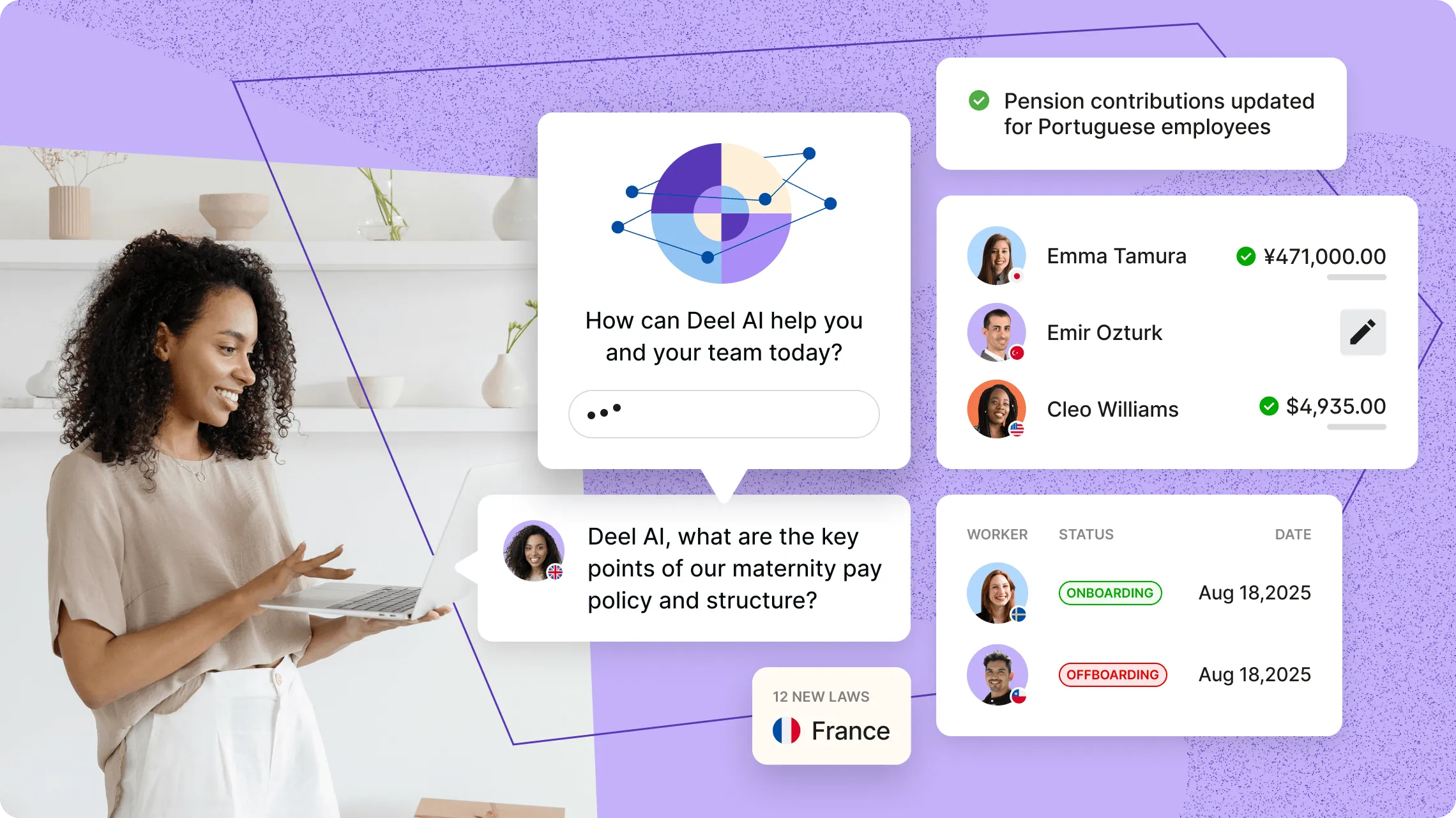 Person using using Deel’s AI-powered HR platform on her laptop, with digital overlays displaying payroll updates, pension contributions, compliance alerts, and onboarding/offboarding statuses for employees in multiple countries