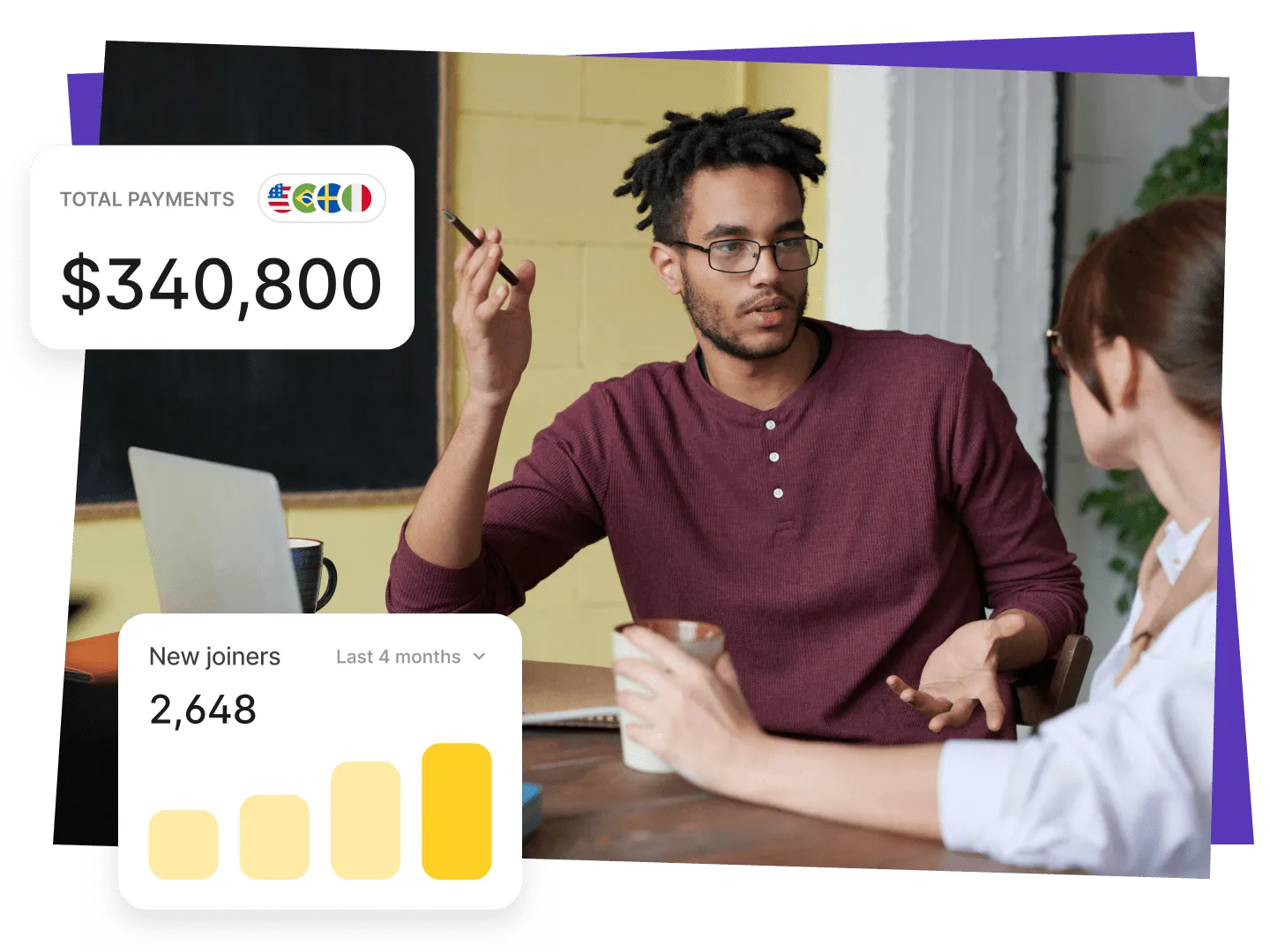 Two professionals in discussion at a desk with overlay graphics showing total global payments of $340,800 and 2,648 new joiners in the last 4 months.