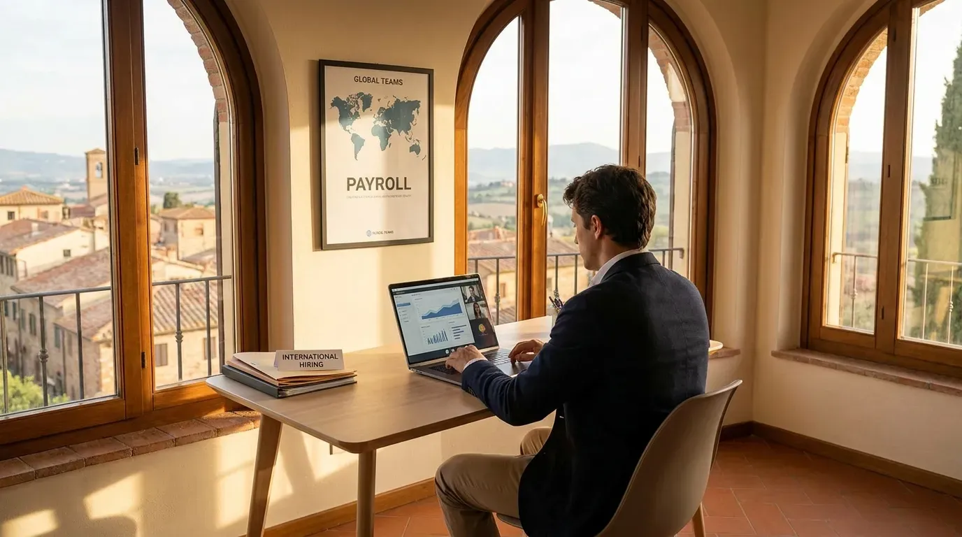 Professional remote worker in an Italian-inspired office setting representing global payroll and hiring in Italy