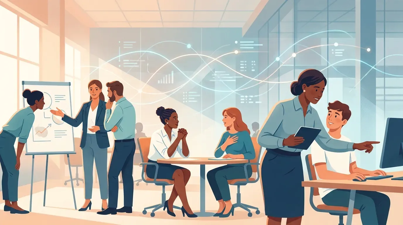 Diverse professionals collaborating in workplace - presenting ideas, listening, and mentoring